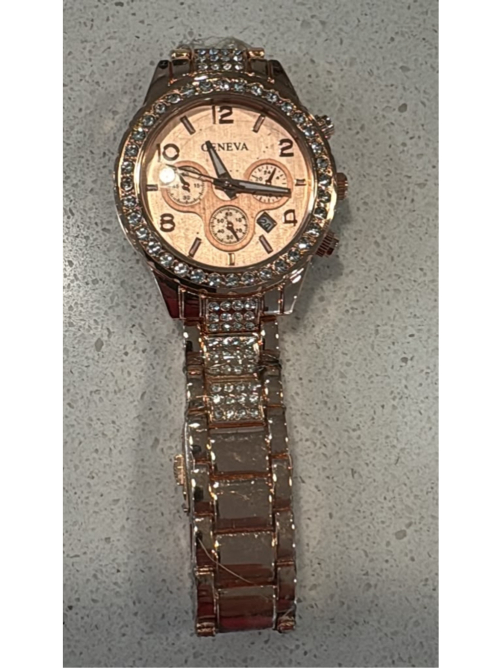 GENEVA Womens Rose Gold Tone Rhinestone Quartz Link Watch Chronograph Look #N22A